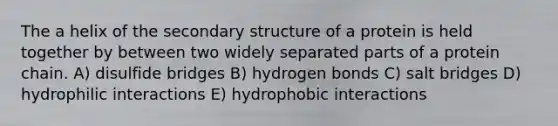 The a helix of the secondary structure of a protein is held together by between two widely separated parts of a protein chain. A) disulfide bridges B) hydrogen bonds C) salt bridges D) hydrophilic interactions E) hydrophobic interactions