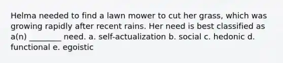 Helma needed to find a lawn mower to cut her grass, which was growing rapidly after recent rains. Her need is best classified as a(n) ________ need. a. self-actualization b. social c. hedonic d. functional e. egoistic