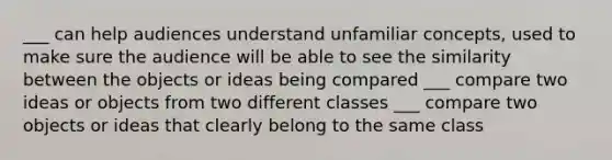 ___ can help audiences understand unfamiliar concepts, used to make sure the audience will be able to see the similarity between the objects or ideas being compared ___ compare two ideas or objects from two different classes ___ compare two objects or ideas that clearly belong to the same class