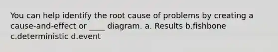 You can help identify the root cause of problems by creating a cause-and-effect or ____ diagram. a. Results b.fishbone c.deterministic d.event