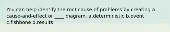 You can help identify the root cause of problems by creating a cause-and-effect or ____ diagram. a.deterministic b.event c.fishbone d.results