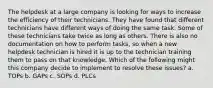 The helpdesk at a large company is looking for ways to increase the efficiency of their technicians. They have found that different technicians have different ways of doing the same task. Some of these technicians take twice as long as others. There is also no documentation on how to perform tasks, so when a new helpdesk technician is hired it is up to the technician training them to pass on that knowledge. Which of the following might this company decide to implement to resolve these issues? a. TOPs b. GAPs c. SOPs d. PLCs