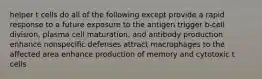 helper t cells do all of the following except provide a rapid response to a future exposure to the antigen trigger b-cell division, plasma cell maturation, and antibody production enhance nonspecific defenses attract macrophages to the affected area enhance production of memory and cytotoxic t cells