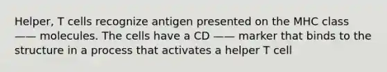 Helper, T cells recognize antigen presented on the MHC class —— molecules. The cells have a CD —— marker that binds to the structure in a process that activates a helper T cell