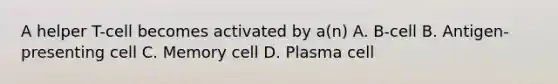 A helper T-cell becomes activated by a(n) A. B-cell B. Antigen-presenting cell C. Memory cell D. Plasma cell