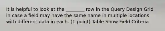 It is helpful to look at the ________ row in the Query Design Grid in case a field may have the same name in multiple locations with different data in each. (1 point) Table Show Field Criteria