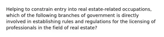 Helping to constrain entry into real estate-related occupations, which of the following branches of government is directly involved in establishing rules and regulations for the licensing of professionals in the field of real estate?