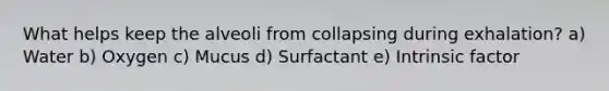 What helps keep the alveoli from collapsing during exhalation? a) Water b) Oxygen c) Mucus d) Surfactant e) Intrinsic factor