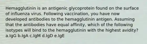 Hemagglutinin is an antigenic glycoprotein found on the surface of influenza virus. Following vaccination, you have now developed antibodies to the hemagglutinin antigen. Assuming that the antibodies have equal affinity, which of the following isotypes will bind to the hemagglutinin with the highest avidity? a.IgG b.IgA c.IgM d.IgD e.IgE