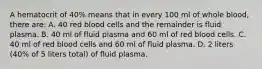 A hematocrit of 40% means that in every 100 ml of whole blood, there are: A. 40 red blood cells and the remainder is fluid plasma. B. 40 ml of fluid plasma and 60 ml of red blood cells. C. 40 ml of red blood cells and 60 ml of fluid plasma. D. 2 liters (40% of 5 liters total) of fluid plasma.