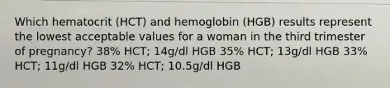 Which hematocrit (HCT) and hemoglobin (HGB) results represent the lowest acceptable values for a woman in the third trimester of pregnancy? 38% HCT; 14g/dl HGB 35% HCT; 13g/dl HGB 33% HCT; 11g/dl HGB 32% HCT; 10.5g/dl HGB