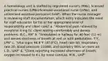 A hematology unit is staffed by registered nurse's (RNs), licensed practical nurses (LPNs)/licensed vocational nurse (LVNs), and unlicensed assistive personnel (UAP). When the nurse manager is reviewing staff documentation, which entry indicates the need for staff education for his or her appropriate level of responsibility and client care? a, "Abdominal pain relieved by morphine 4 mg IV; client resting comfortably and denies problems. B.C., RN" b. "Ambulated in hallway for 40 feet (12 m) and denies shortness of breath at rest or with ambulation. T.Y., LPN" c. "Vital signs 98.6°F (37.0°C), heart rate 60, respiratory rate 20, blood pressure 110/68, and oximetry 98% on room air. L.D., UAP" d. "Client reporting increased shortness of breath; oxygen increased to 4 L by nasal cannula. M.N., UAP"