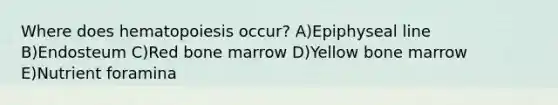 Where does hematopoiesis occur? A)Epiphyseal line B)Endosteum C)Red bone marrow D)Yellow bone marrow E)Nutrient foramina