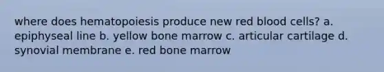 where does hematopoiesis produce new red blood cells? a. epiphyseal line b. yellow bone marrow c. articular cartilage d. synovial membrane e. red bone marrow