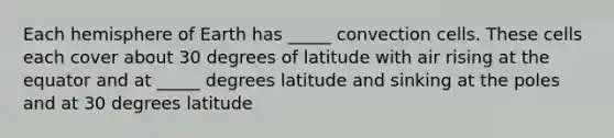 Each hemisphere of Earth has _____ convection cells. These cells each cover about 30 degrees of latitude with air rising at the equator and at _____ degrees latitude and sinking at the poles and at 30 degrees latitude