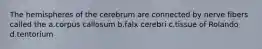 The hemispheres of the cerebrum are connected by nerve fibers called the a.corpus callosum b.falx cerebri c.tissue of Rolando d.tentorium