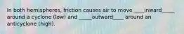 In both hemispheres, friction causes air to move ____inward_____ around a cyclone (low) and _____outward____ around an anticyclone (high).