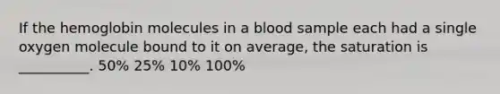 If the hemoglobin molecules in a blood sample each had a single oxygen molecule bound to it on average, the saturation is __________. 50% 25% 10% 100%