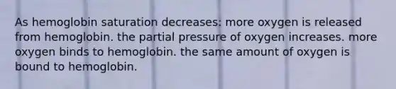 As hemoglobin saturation decreases: more oxygen is released from hemoglobin. the partial pressure of oxygen increases. more oxygen binds to hemoglobin. the same amount of oxygen is bound to hemoglobin.