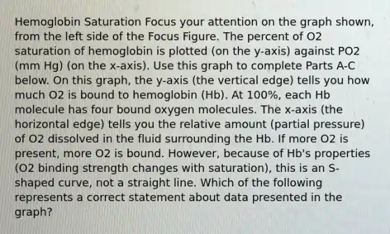 Hemoglobin Saturation Focus your attention on the graph shown, from the left side of the Focus Figure. The percent of O2 saturation of hemoglobin is plotted (on the y-axis) against PO2 (mm Hg) (on the x-axis). Use this graph to complete Parts A-C below. On this graph, the y-axis (the vertical edge) tells you how much O2 is bound to hemoglobin (Hb). At 100%, each Hb molecule has four bound oxygen molecules. The x-axis (the horizontal edge) tells you the relative amount (partial pressure) of O2 dissolved in the fluid surrounding the Hb. If more O2 is present, more O2 is bound. However, because of Hb's properties (O2 binding strength changes with saturation), this is an S-shaped curve, not a straight line. Which of the following represents a correct statement about data presented in the graph?