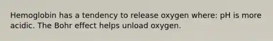 Hemoglobin has a tendency to release oxygen where: pH is more acidic. The Bohr effect helps unload oxygen.
