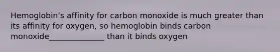 Hemoglobin's affinity for carbon monoxide is much greater than its affinity for oxygen, so hemoglobin binds carbon monoxide______________ than it binds oxygen