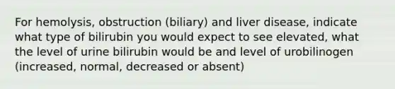 For hemolysis, obstruction (biliary) and liver disease, indicate what type of bilirubin you would expect to see elevated, what the level of urine bilirubin would be and level of urobilinogen (increased, normal, decreased or absent)