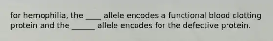 for hemophilia, the ____ allele encodes a functional blood clotting protein and the ______ allele encodes for the defective protein.