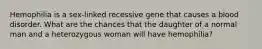 Hemophilia is a sex-linked recessive gene that causes a blood disorder. What are the chances that the daughter of a normal man and a heterozygous woman will have hemophilia?