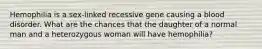 Hemophilia is a sex-linked recessive gene causing a blood disorder. What are the chances that the daughter of a normal man and a heterozygous woman will have hemophilia?