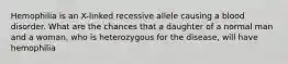 Hemophilia is an X-linked recessive allele causing a blood disorder. What are the chances that a daughter of a normal man and a woman, who is heterozygous for the disease, will have hemophilia