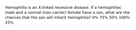 Hemophilia is an X-linked recessive disease. If a hemophiliac male and a normal (non-carrier) female have a son, what are the chances that the son will inherit hemophilia? 0% 75% 50% 100% 25%