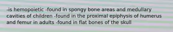 -is hemopoietic -found in spongy bone areas and medullary cavities of children -found in the proximal epiphysis of humerus and femur in adults -found in flat bones of the skull