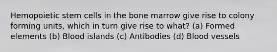 Hemopoietic stem cells in the bone marrow give rise to colony forming units, which in turn give rise to what? (a) Formed elements (b) Blood islands (c) Antibodies (d) <a href='https://www.questionai.com/knowledge/kZJ3mNKN7P-blood-vessels' class='anchor-knowledge'>blood vessels</a>