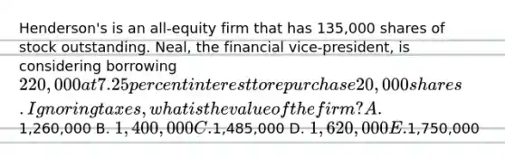 Henderson's is an all-equity firm that has 135,000 shares of stock outstanding. Neal, the financial vice-president, is considering borrowing 220,000 at 7.25 percent interest to repurchase 20,000 shares. Ignoring taxes, what is the value of the firm? A.1,260,000 B. 1,400,000 C.1,485,000 D. 1,620,000 E.1,750,000