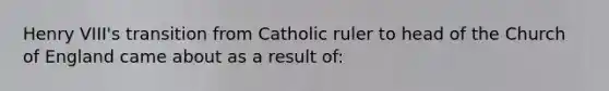 Henry VIII's transition from Catholic ruler to head of the Church of England came about as a result of: