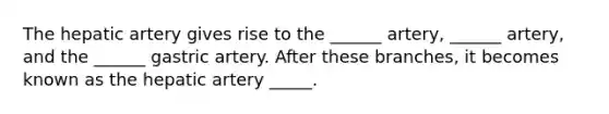 The hepatic artery gives rise to the ______ artery, ______ artery, and the ______ gastric artery. After these branches, it becomes known as the hepatic artery _____.
