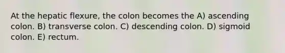 At the hepatic flexure, the colon becomes the A) ascending colon. B) transverse colon. C) descending colon. D) sigmoid colon. E) rectum.