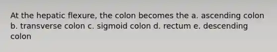 At the hepatic flexure, the colon becomes the a. ascending colon b. transverse colon c. sigmoid colon d. rectum e. descending colon