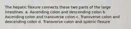 The hepatic flexure connects these two parts of the large intestines. a. Ascending colon and descending colon b. Ascending colon and transverse colon c. Transverse colon and descending colon d. Transverse colon and splenic flexure