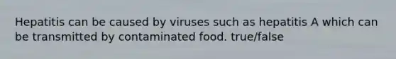 Hepatitis can be caused by viruses such as hepatitis A which can be transmitted by contaminated food. true/false