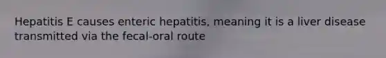 Hepatitis E causes enteric hepatitis, meaning it is a liver disease transmitted via the fecal-oral route