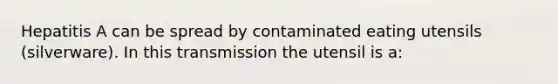 Hepatitis A can be spread by contaminated eating utensils (silverware). In this transmission the utensil is a: