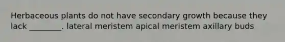 Herbaceous plants do not have secondary growth because they lack ________. lateral meristem apical meristem axillary buds