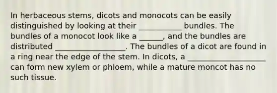 In herbaceous stems, dicots and monocots can be easily distinguished by looking at their ___________ bundles. The bundles of a monocot look like a ______, and the bundles are distributed __________________. The bundles of a dicot are found in a ring near the edge of the stem. In dicots, a ____________________ can form new xylem or phloem, while a mature moncot has no such tissue.