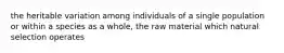 the heritable variation among individuals of a single population or within a species as a whole, the raw material which natural selection operates