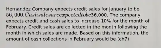 Hernandez Company expects credit sales for January to be 56,000. Cash sales are expected to be36,000. The company expects credit and cash sales to increase 10% for the month of February. Credit sales are collected in the month following the month in which sales are made. Based on this information, the amount of cash collections in February would be (ch7)