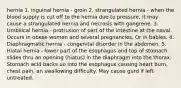 hernia 1. inguinal hernia - groin 2. strangulated hernia - when the blood supply is cut off to the hernia due to pressure, it may cause a strangulated hernia and necrosis with gangrene. 3. Umbilical hernia - protrusion of part of the intestine at the naval. Occurs in obese women and several pregnancies. Or in babies. 4. Diaphragmatic hernia - congenital disorder in the abdomen. 5. Hiatal hernia - lower part of the esophagus and top of stomach slides thru an opening (hiatus) in the diaphragm into the thorax. Stomach acid backs uo into the esophagus causing heart burn, chest pain, an swallowing difficulty. May cause gurd if left untreated.