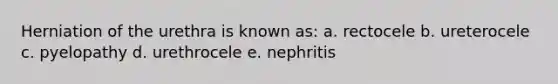 Herniation of the urethra is known as: a. rectocele b. ureterocele c. pyelopathy d. urethrocele e. nephritis