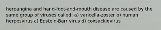 herpangina and hand-foot-and-mouth disease are caused by the same group of viruses called: a) varicella-zoster b) human herpesvirus c) Epstein-Barr virus d) coxsackievirus